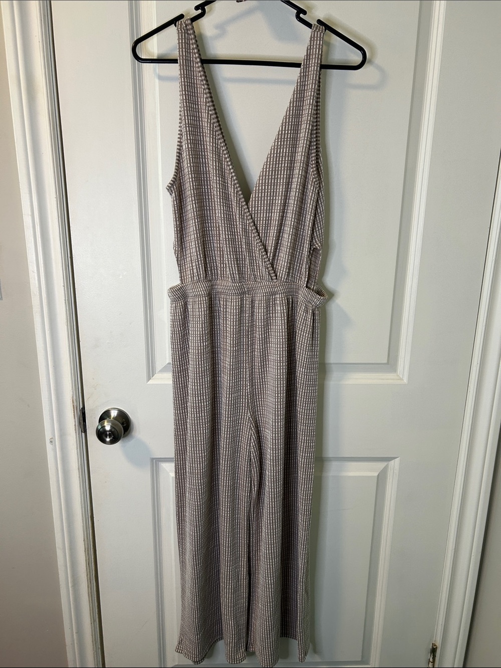 92. Caution To The Wind Taupe Check Sleeveless V-Neck Jumpsuit